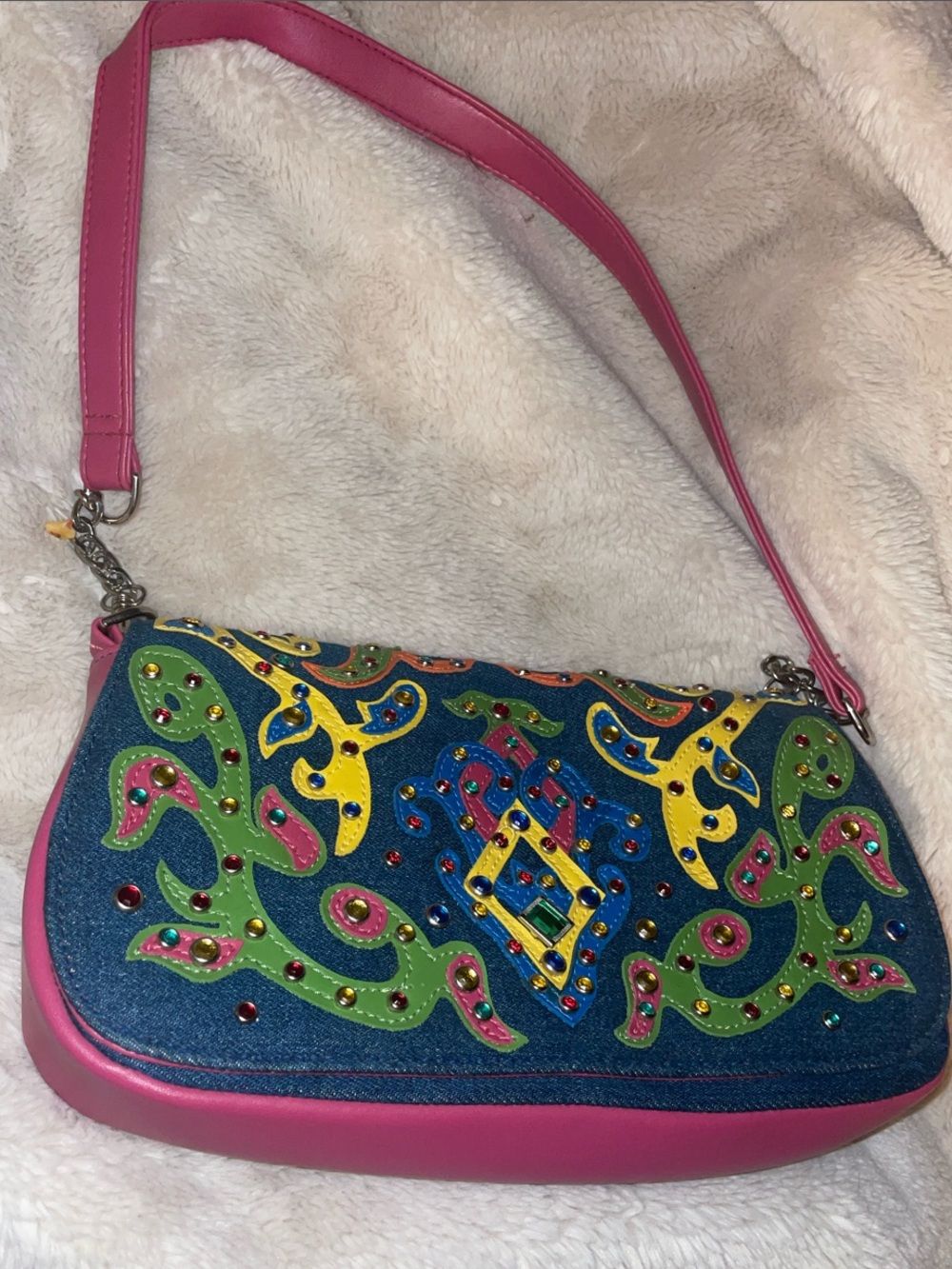 Bueno Pink-Strap Denim Shoulder Bag with Multicolor Embellishments